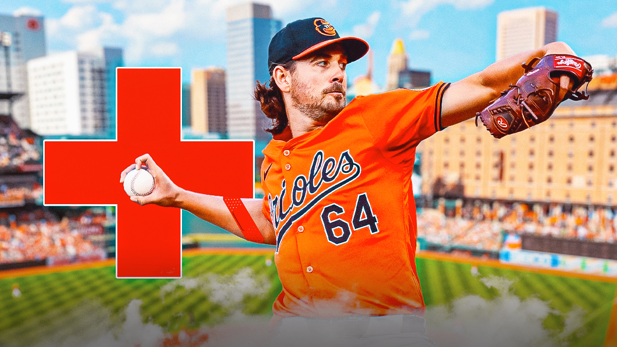 Dean Kremer pitching in a Baltimore Orioles uniform with a red and white first aid symbol as Kremer had to leave the game with a forearm injury and became the latest Orioles pitcher injury.