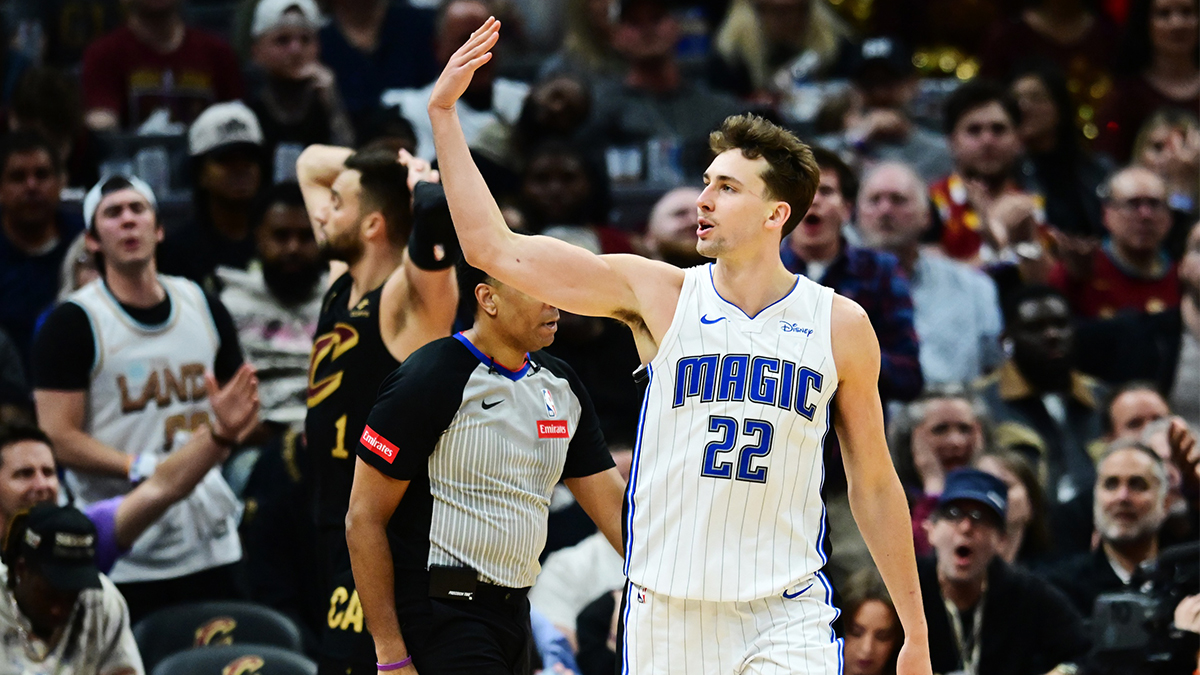 Orlando Magic forward Franz Wagner (22) reacts after a basket during the second half against the Cleveland Cavaliers in game five of the first round for the 2024 NBA playoffs at Rocket Mortgage FieldHouse.