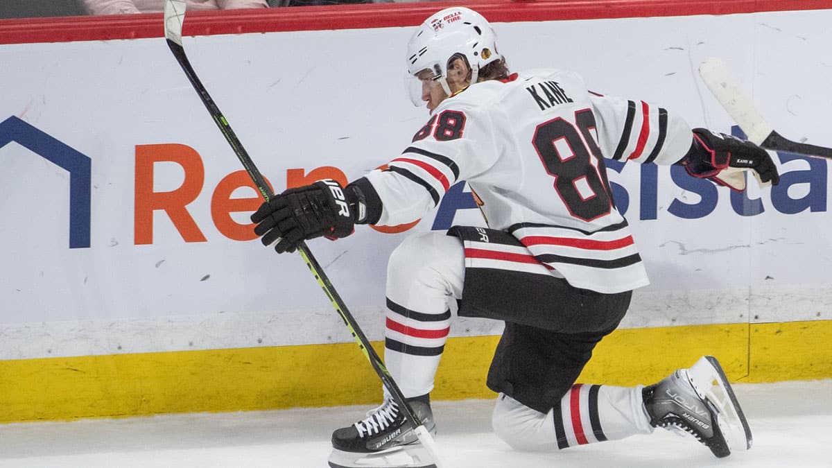 Chicago Blackhawks right wing Patrick Kane (88) celebrates his goal scored in the third period against the Ottawa Senators at the Canadian Tire Centre.