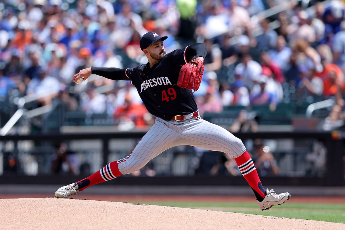 Minnesota Twins starting pitcher Pablo Lopez (49) pitches against the New York Mets during the first inning at Citi Field.