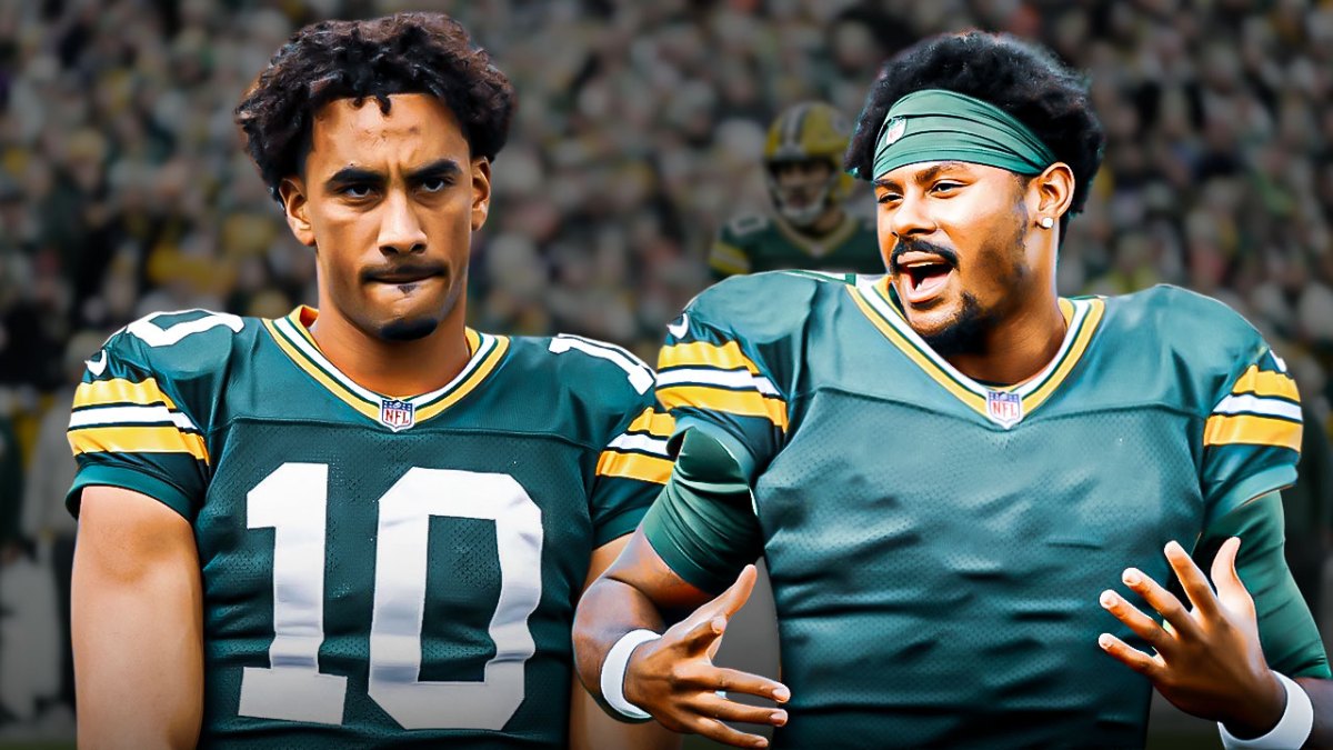Malik Willis in Packers jersey looking at Jordan Love after Titans trade.