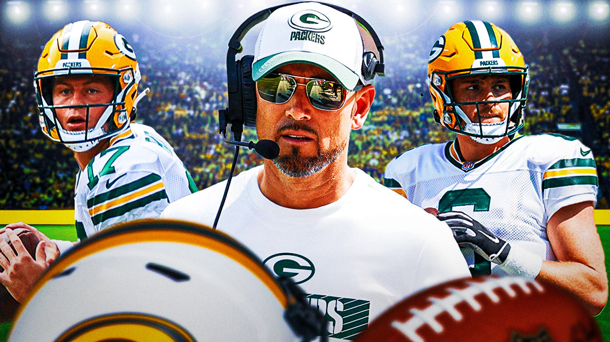 Green Bay Packers head coach Matt LaFleur in the middle with quarterbacks Sean Clifford and Michael Pratt on either side in front of Lambeau Field.