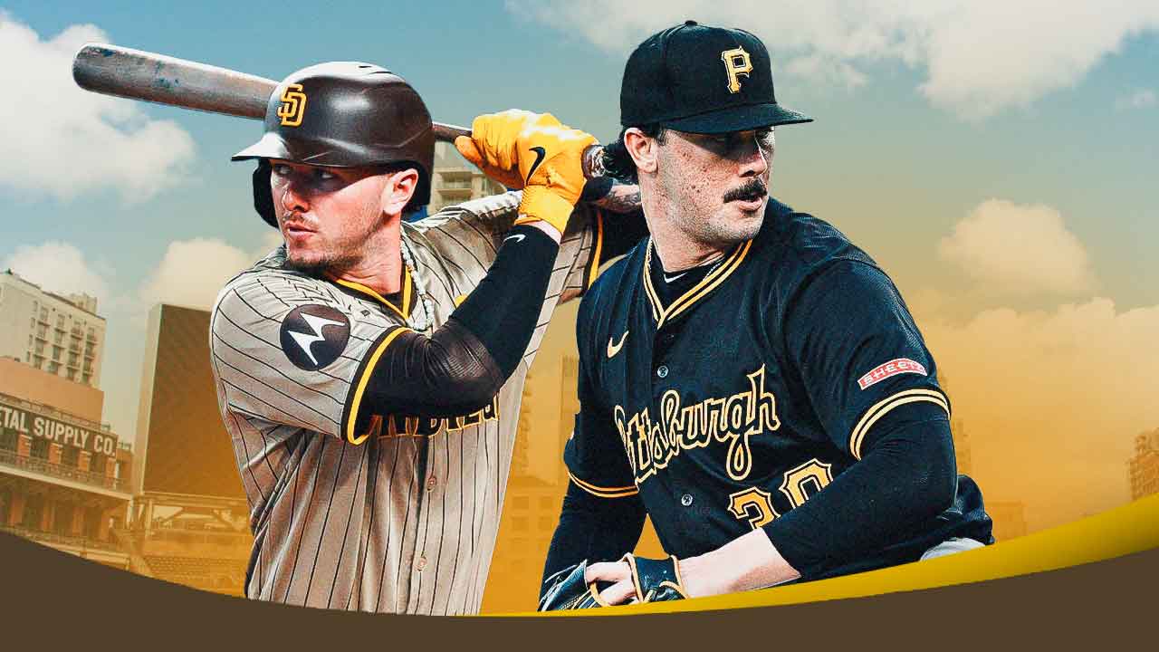 Jackson Merrill batting in a San Diego Padres uniform on one side and Paul Skenes pitching in a Pittsburgh Pirates uniform on the other as Merrill is closing the gap on Skenes as betting favorite to win NL Rookie of the Year race. Merrill's rookie of the year odds improve.