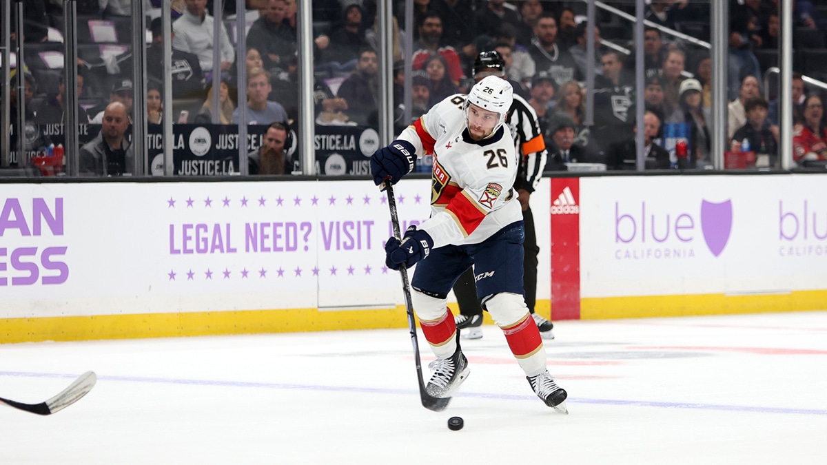 Florida Panthers defenseman Uvis Balinskis (26) passes the puck during the first period against the Los Angeles Kings at Crypto.com Arena.