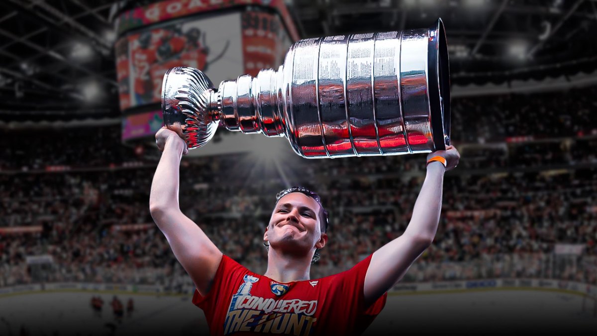Matthew Tkachuk lifting Stanley Cup