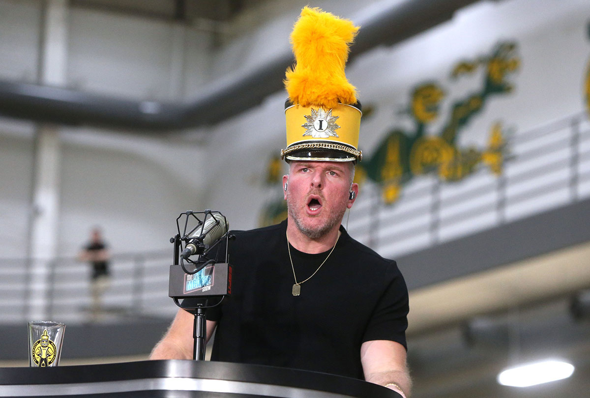 Pat McAfee hosting his show in Iowa on March 22, 2024.