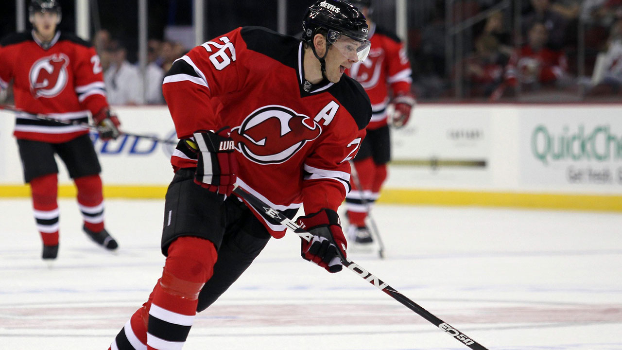 New Jersey Devils left wing Patrick Elias (26) skates with the puck during the first period of their game against the Dallas Stars at the Prudential Center.