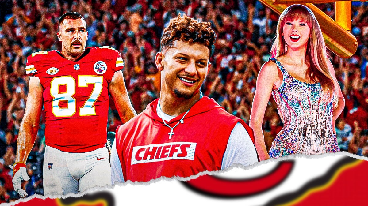 Kansas City Chiefs' Travis Kelce and Patrick Mahomes with Taylor Swift and GEHA Field at Arrowhead Stadium background.