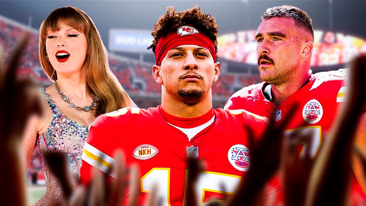 Kansas City Chiefs players Patrick Mahomes and Travis Kelce with Taylor Swift and GEHA Field at Arrowhead Stadium background.