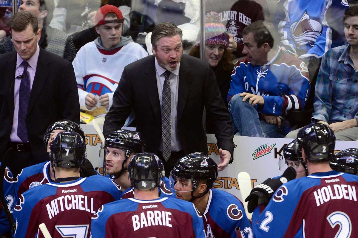 Colorado Avalanche head coach Patrick Roy yells at his players during a timeout in the first period against the Montreal Canadiens at Pepsi Center.