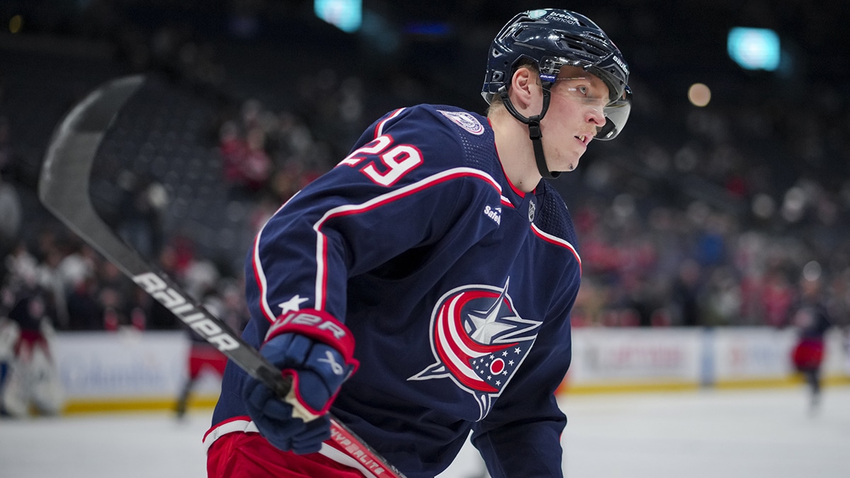 Columbus Blue Jackets right wing Patrik Laine skates during warmups before a game against the Montreal Canadiens at Nationwide Arena.