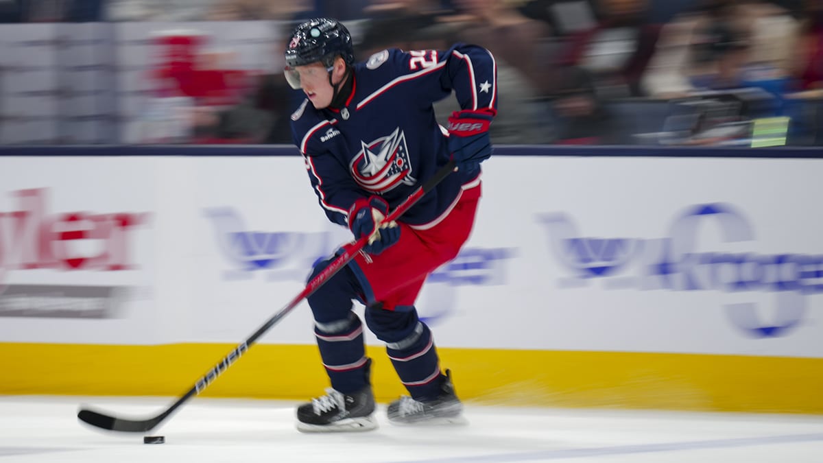 Columbus Blue Jackets right wing Patrik Laine (29) skates with the puck against the Montreal Canadiens in the first period at Nationwide Arena.