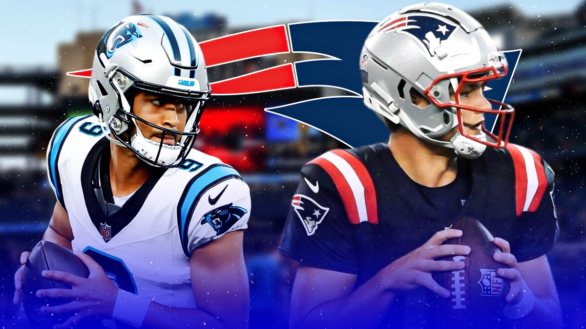 New England Patriots logo in center, Carolina Panthers quarterback Bryce Young on left side, New England Patriots quarterback Drake Maye on right side, Gillette Stadium (home stadium of the New England Patriots) in background