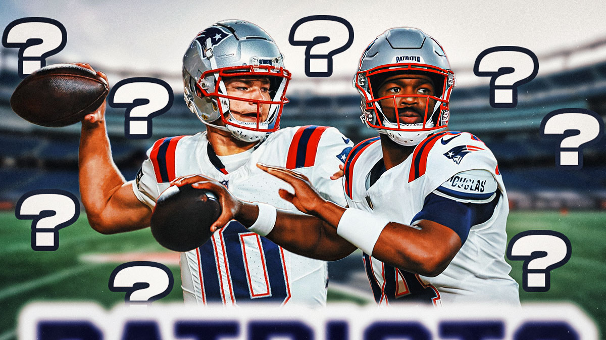 Drake Maye and Jacoby Brissett surrounded by question marks with a Patriots themed bg.