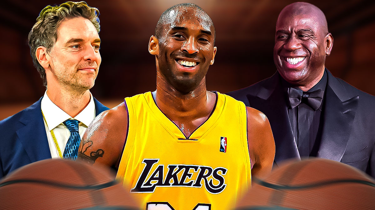 Former Los Angeles Lakers star Kobe Bryant in the middle with Pau Gasol and Magic Johnson on either side.
