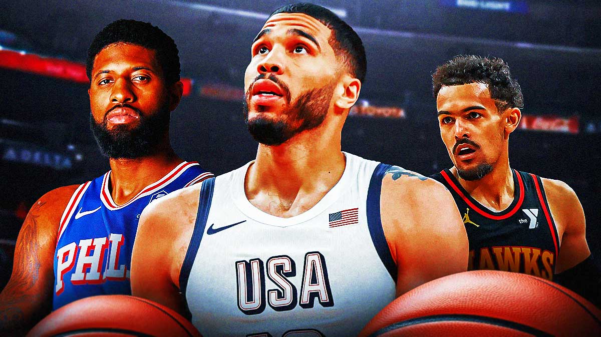 Team USA's Jayson Tatum in the center of Trae Young and Paul George in front of the Paris Olympics.