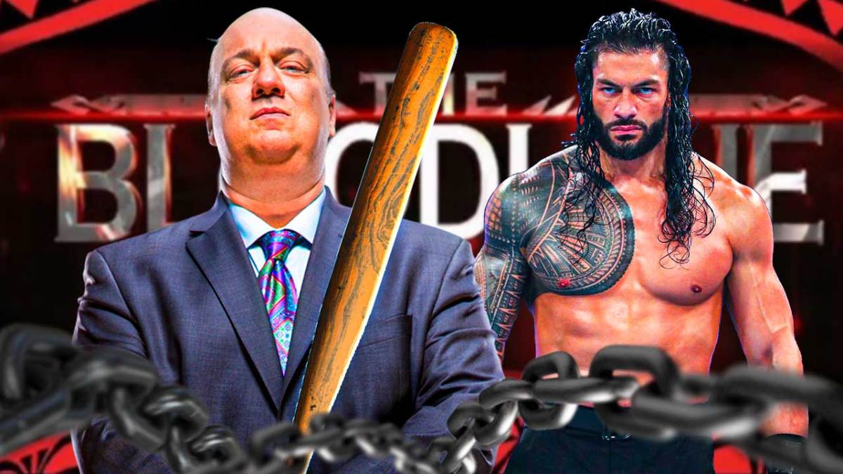 Paul Heyman holding a baseball bat next to Roman Reigns with the WWE The Bloodline logo as the background.