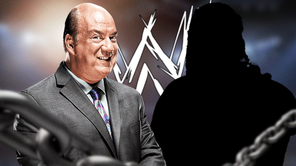 Paul Heyman next to the blacked-out silhouette of Bronson Reed with the 2002 WWE logo as the background.