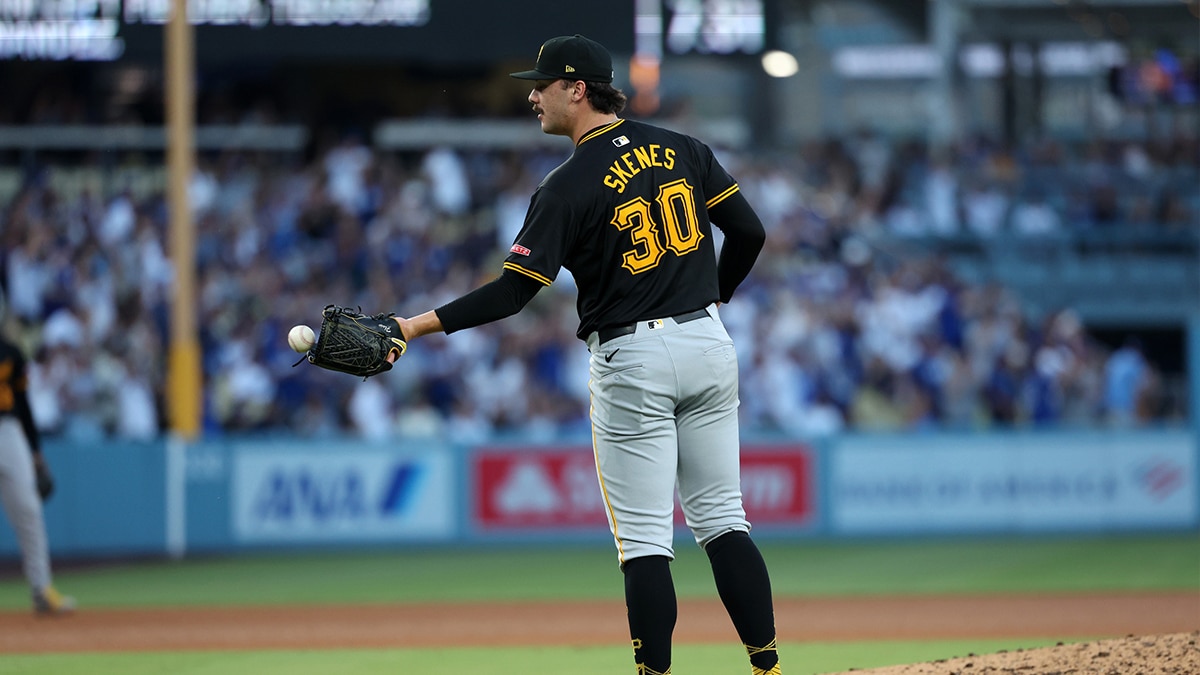 Pittsburgh Pirates starting pitcher Paul Skenes (30) reacts after giving up a home run to Los Angeles Dodgers left fielder Teoscar Hernandez (not pictured) during the fifth inning at Dodger Stadium. 