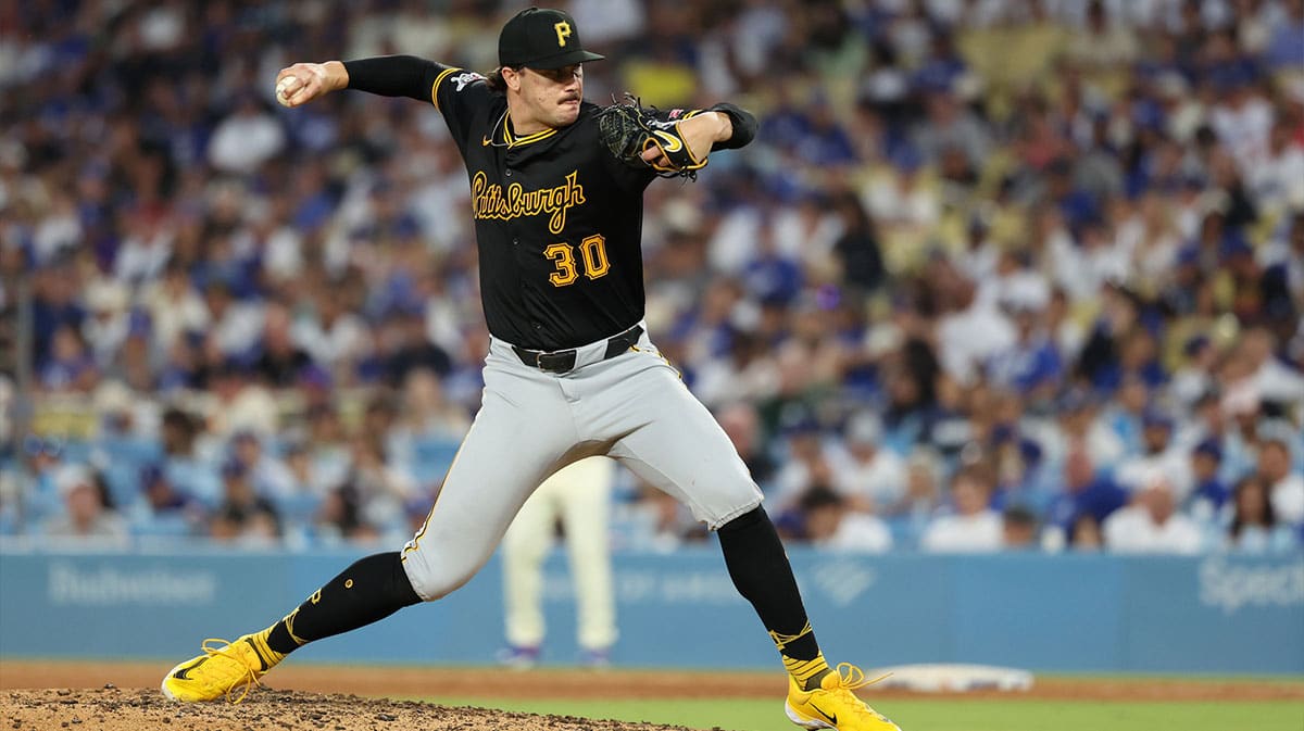 Pittsburgh Pirates starting pitcher Paul Skenes (30) pitches during the sixth inning against the Los Angeles Dodgers at Dodger Stadium