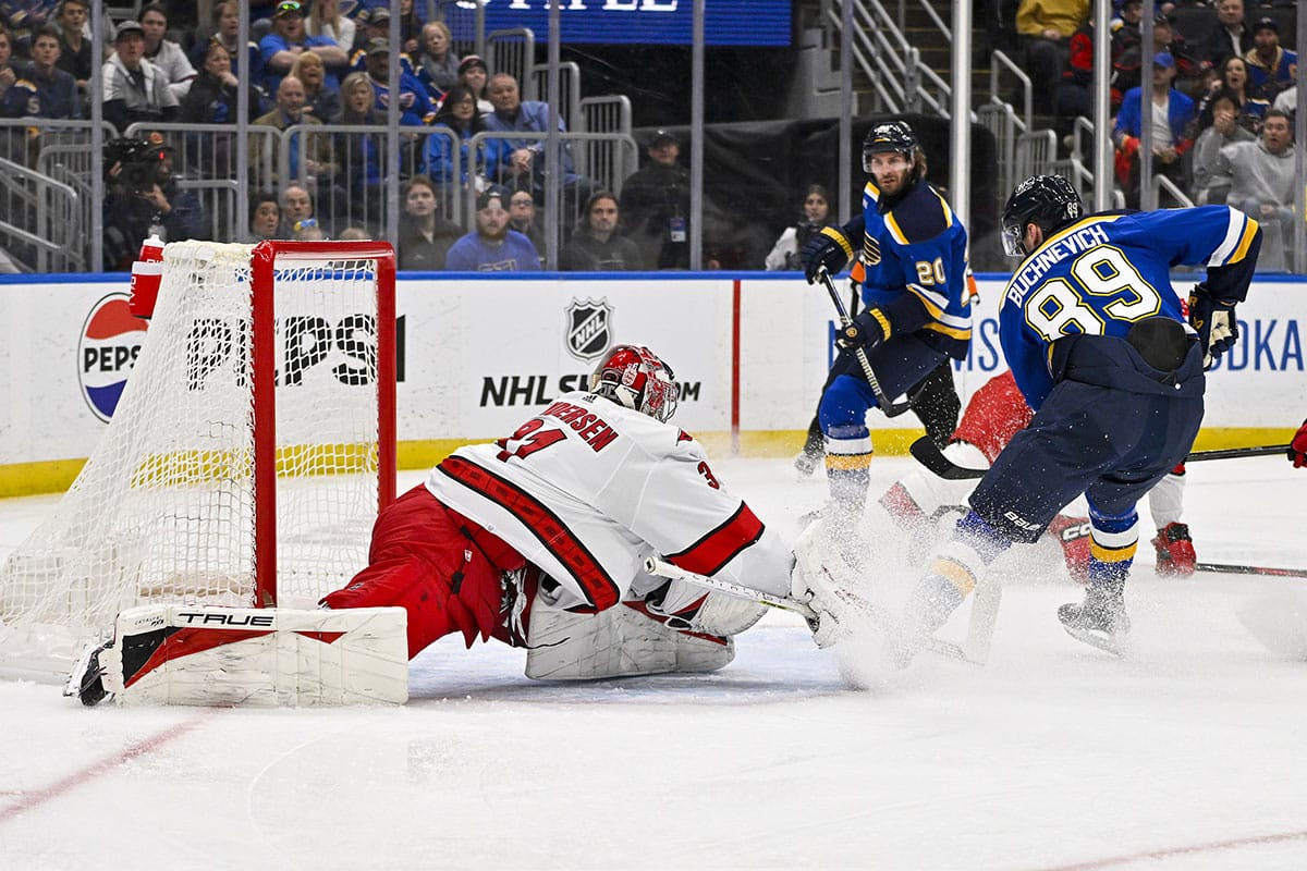 Carolina Hurricanes goaltender Frederik Andersen (31) defends the net against St. Louis Blues left wing Pavel Buchnevich (89) during the second period at Enterprise Center.