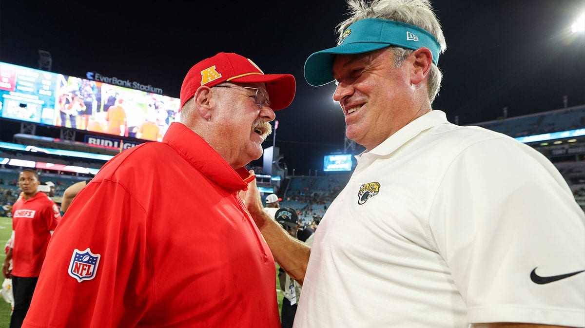 Jacksonville Jaguars head coach Doug Pederson greets Kansas City Chiefs head coach Andy Reid after an NFL preseason game at EverBank Stadium.