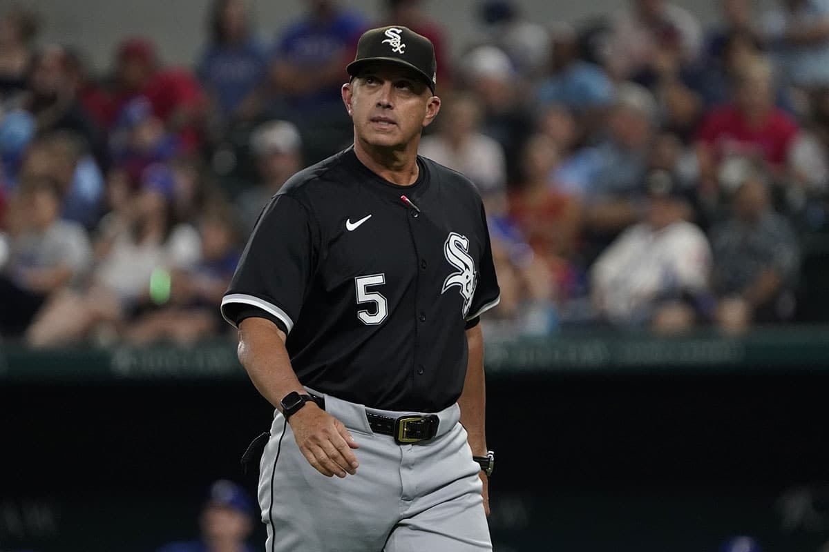 Chicago White Sox manager Pedro Grifol (5) walks off the field after a pitching change during the seventh inning against the Texas Rangers at Globe Life Field. 