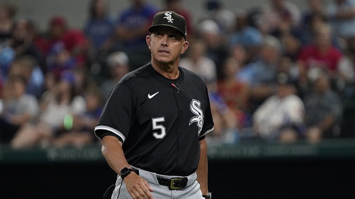 Chicago White Sox manager Pedro Grifol (5) walks off the field after a pitching change during the seventh inning against the Texas Rangers at Globe Life Field.