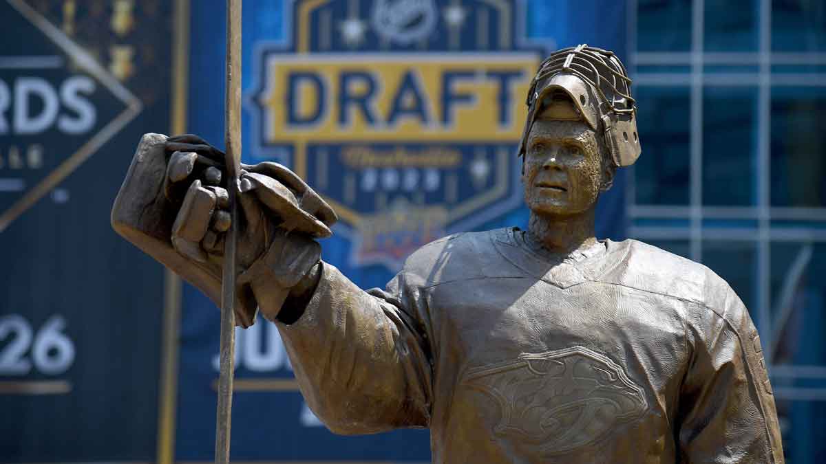 A statue of former Nashville Predators goalie Pekka Rinne before the 2023 NHL Draft at Bridgestone Arena.