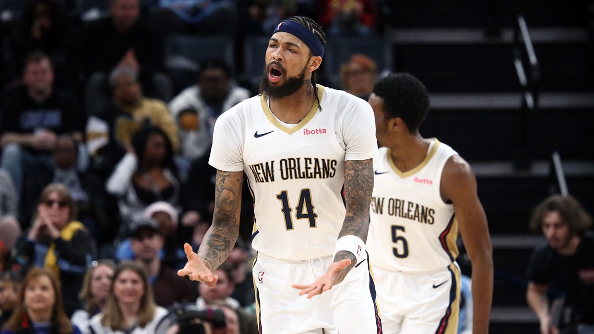 New Orleans Pelicans forward Brandon Ingram (14) reacts during the first half against the Memphis Grizzlies at FedExForum. Mandatory Credit: Petre Thomas-USA TODAY Sports