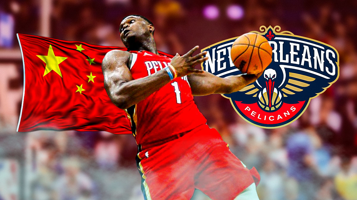 Pelicans star Zion Williamson dunking with the Chinese flag in the background next to the Pelicans logo