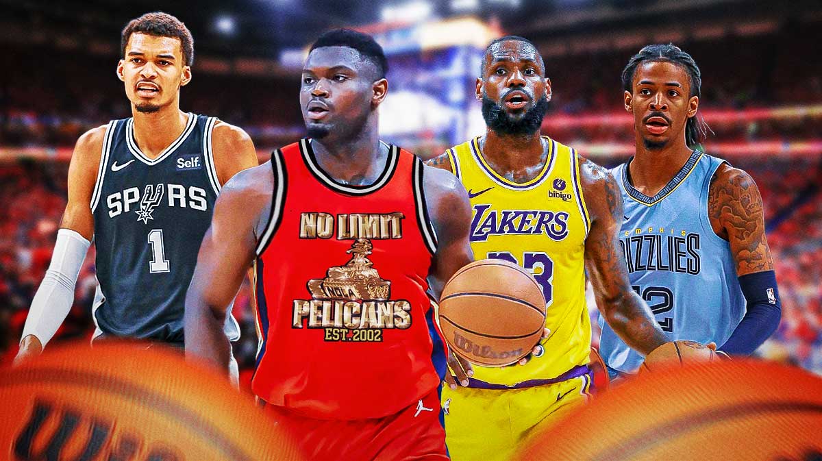 Pelicans Zion Wiliamson next to Lakers LeBron James, Grizzlies Ja Morant and Spurs Victor Wembanyama