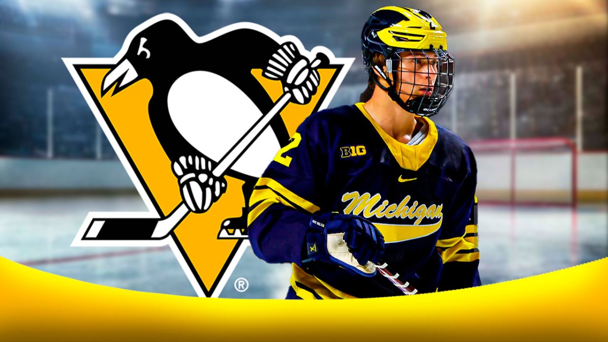 Image: Rutger McGroarty in image looking hopeful, Pittsburgh Penguins logo, hockey rink in background