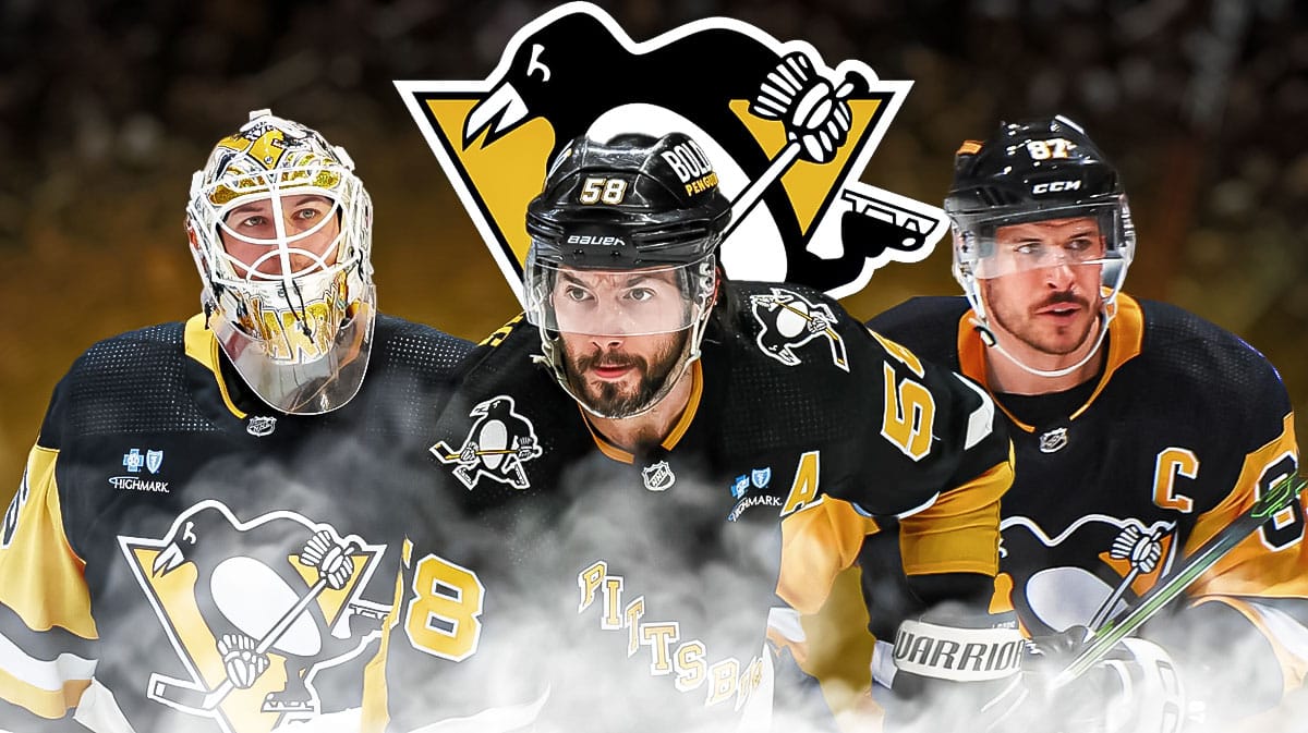 Tristan Jarry, Kris Letang, and Sidney Crosby in front of Penguins logo