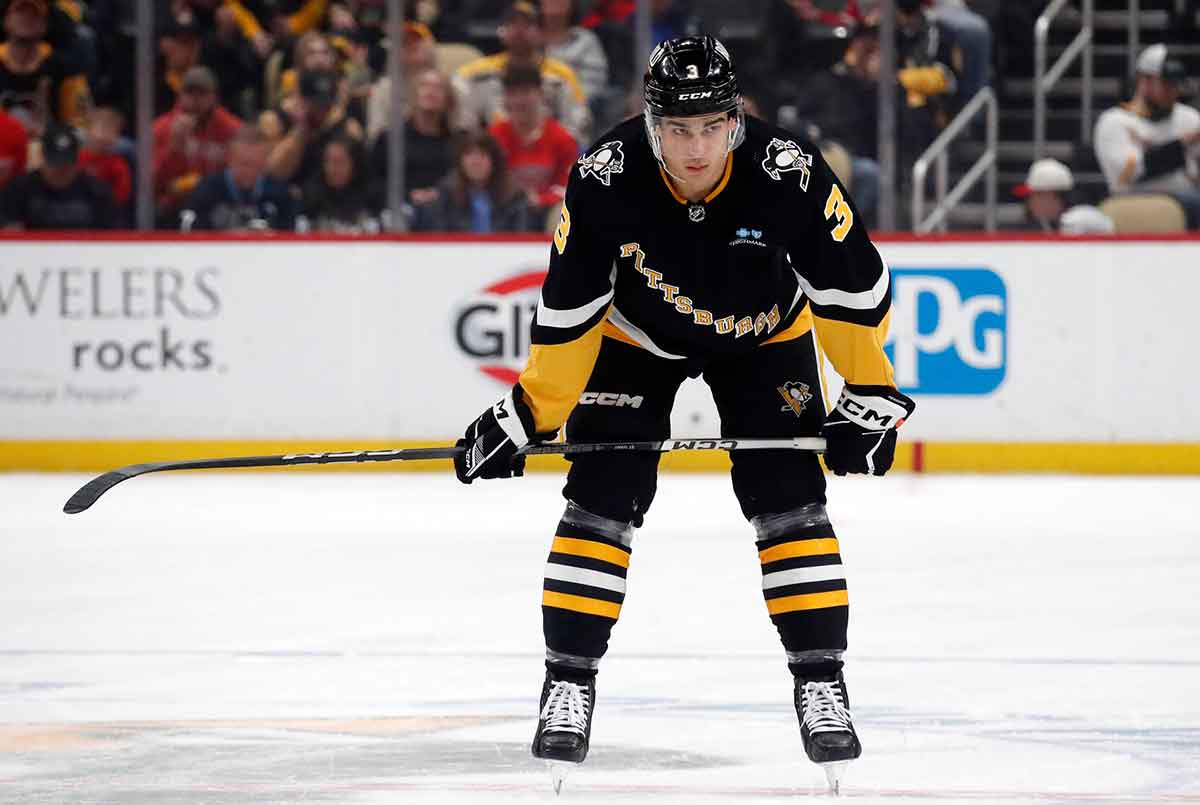 Pittsburgh Penguins defenseman Jack St. Ivany (3) at the face-off circle against the Detroit Red Wings during the first period at PPG Paints Arena.