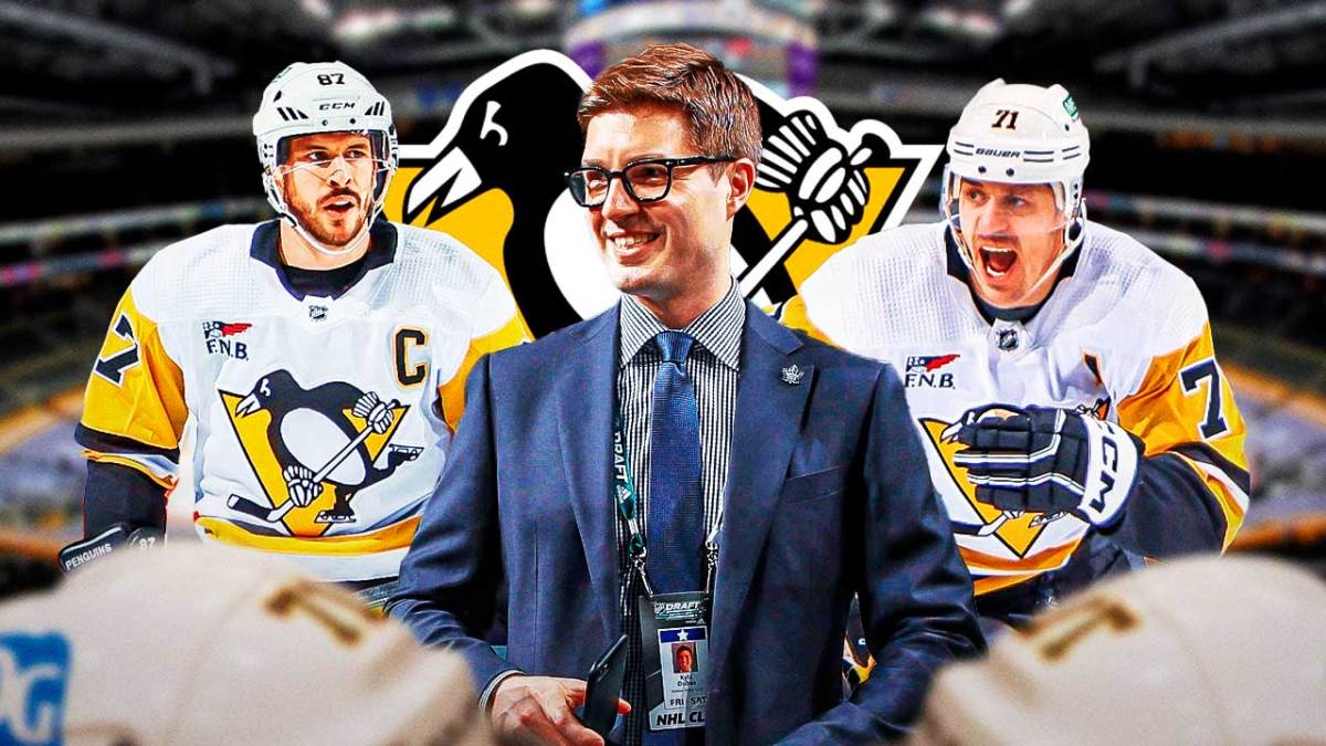 Kyle Dubas in middle looking hopeful, Sidney Crosby and Evgeni Malkin on either side, Pittsburgh Penguins logo, hockey rink in background