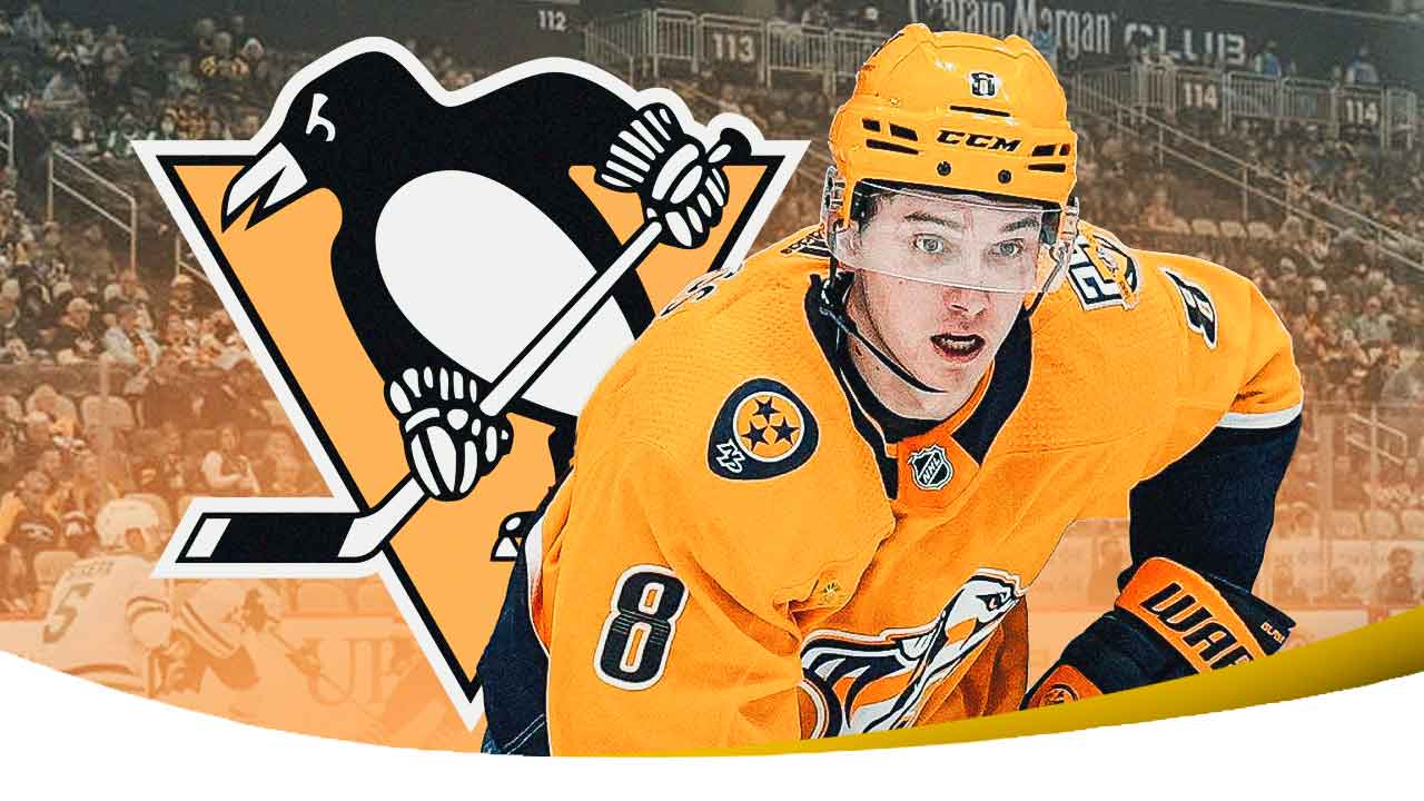 Predators' Cody Glass stands next to Penguins logo after trade