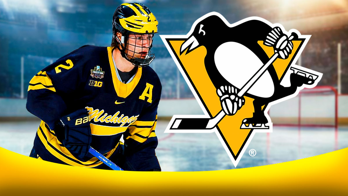 Rutger McGroarty next to Penguins logo