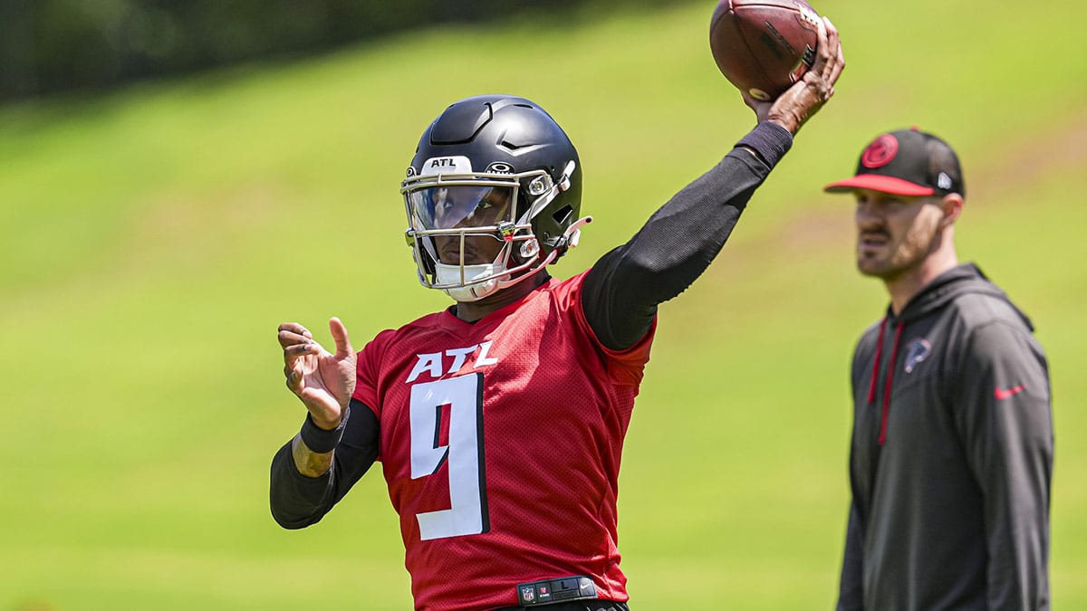 Atlanta Falcons quarterback Michael Penix Jr (9) passes the ball during Rookie Minicamp at the Falcons Training Camp.