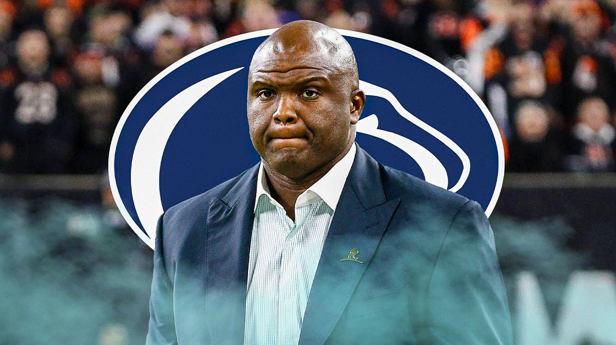 Penn State football logo next to Big 10, CFP logo, Booger McFarland looking stern