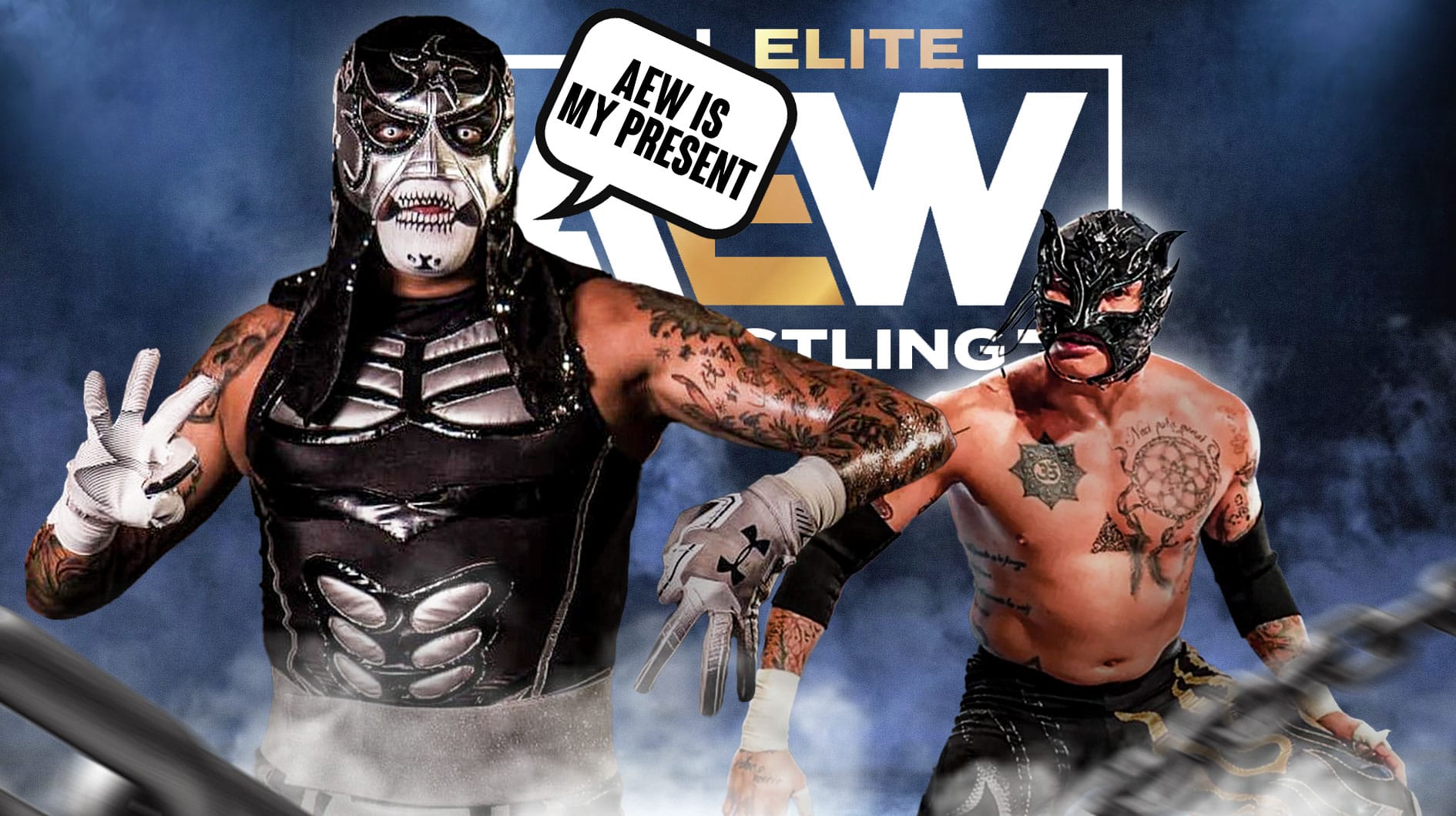 Penagon Jr with a text bubble reading "AEW is my present" next to Rey Fenix with the AEW logo as the background.