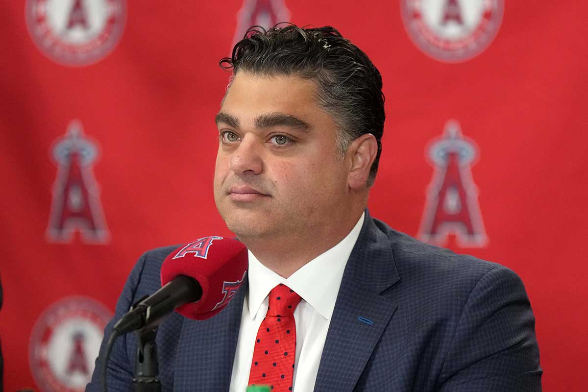 Nov 15, 2023; Anaheim, CA, USA; Los Angeles Angels general manager Perry Minasian at press conference at Angel Stadium of Anaheim.