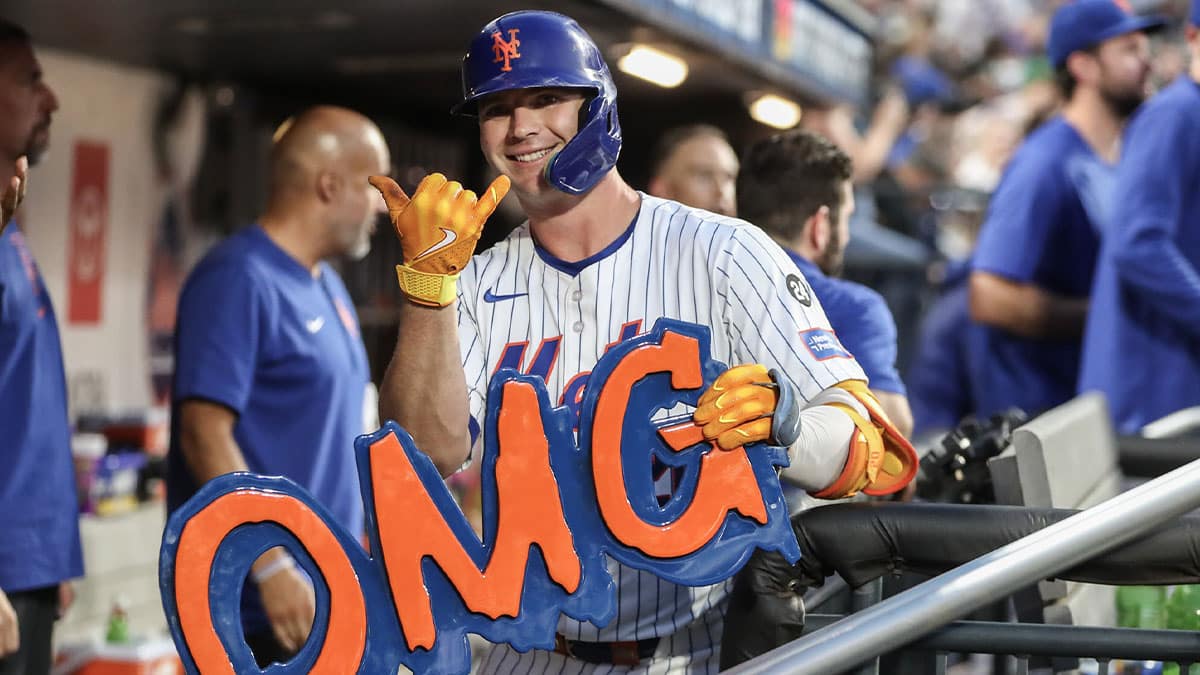 Jul 29, 2024; New York City, New York, USA; New York Mets first baseman Pete Alonso (20) celebrates in the dugout after hitting a solo home run in the fourth inning against the Minnesota Twins at Citi Field. 