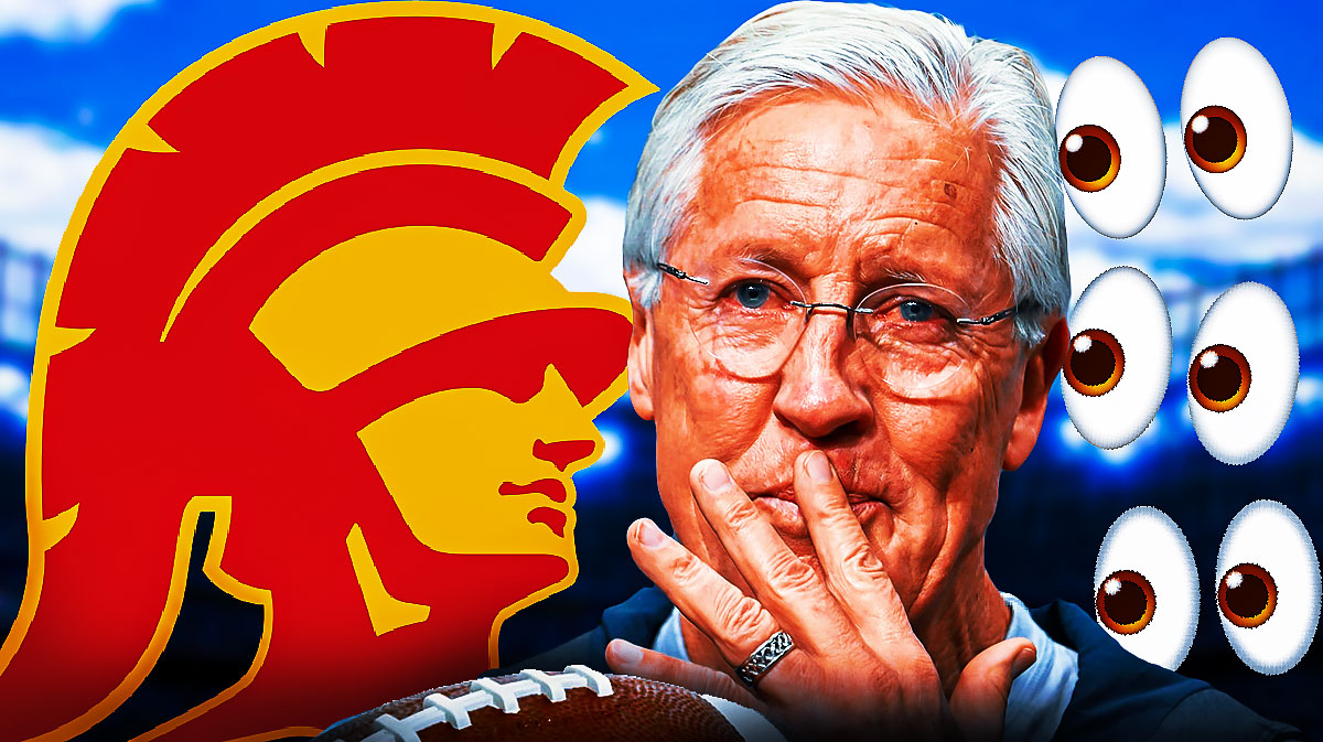 Pete Carroll on one side, the USC Trojans football logo on the other side, a bunch of the big eyes emojis in the background
