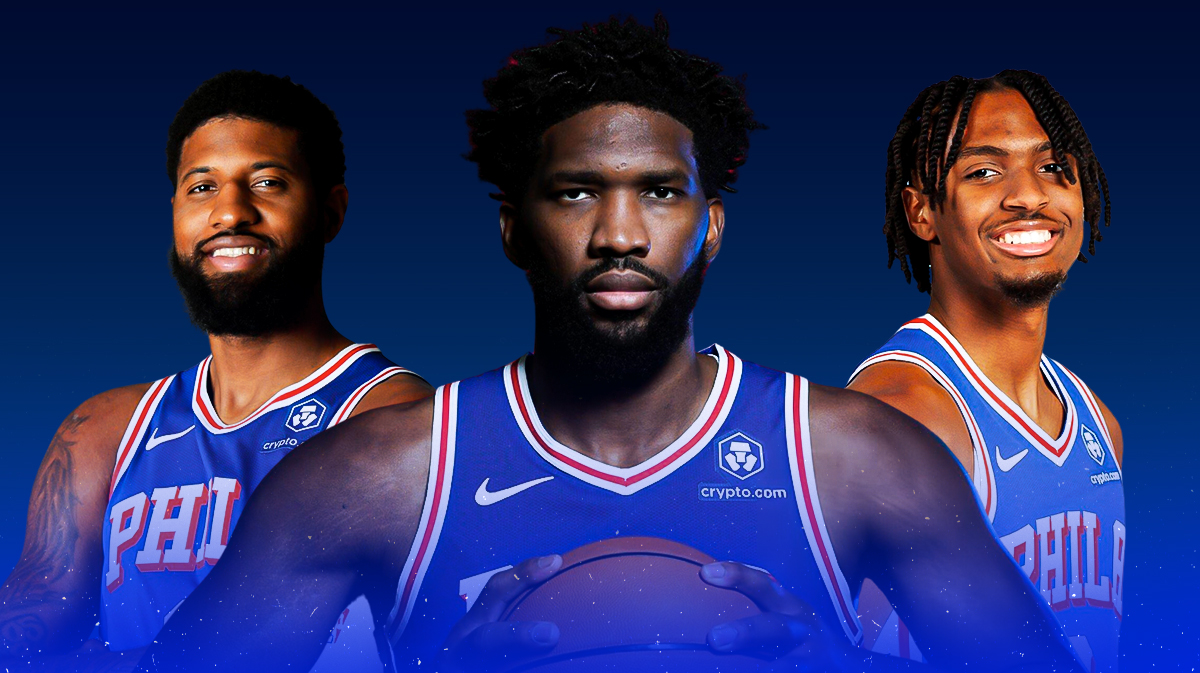 76ers Paul George, Joel Embiid and Tyrese Maxey