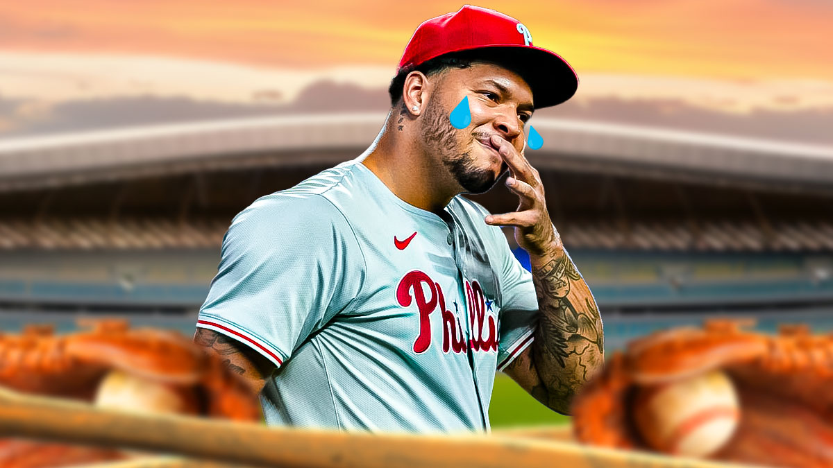 Taijuan Walker in a Philadelphia Phillies uniform looking sad with a tear drop coming from his eye as he's been demoted from the rotation to the bullpen.