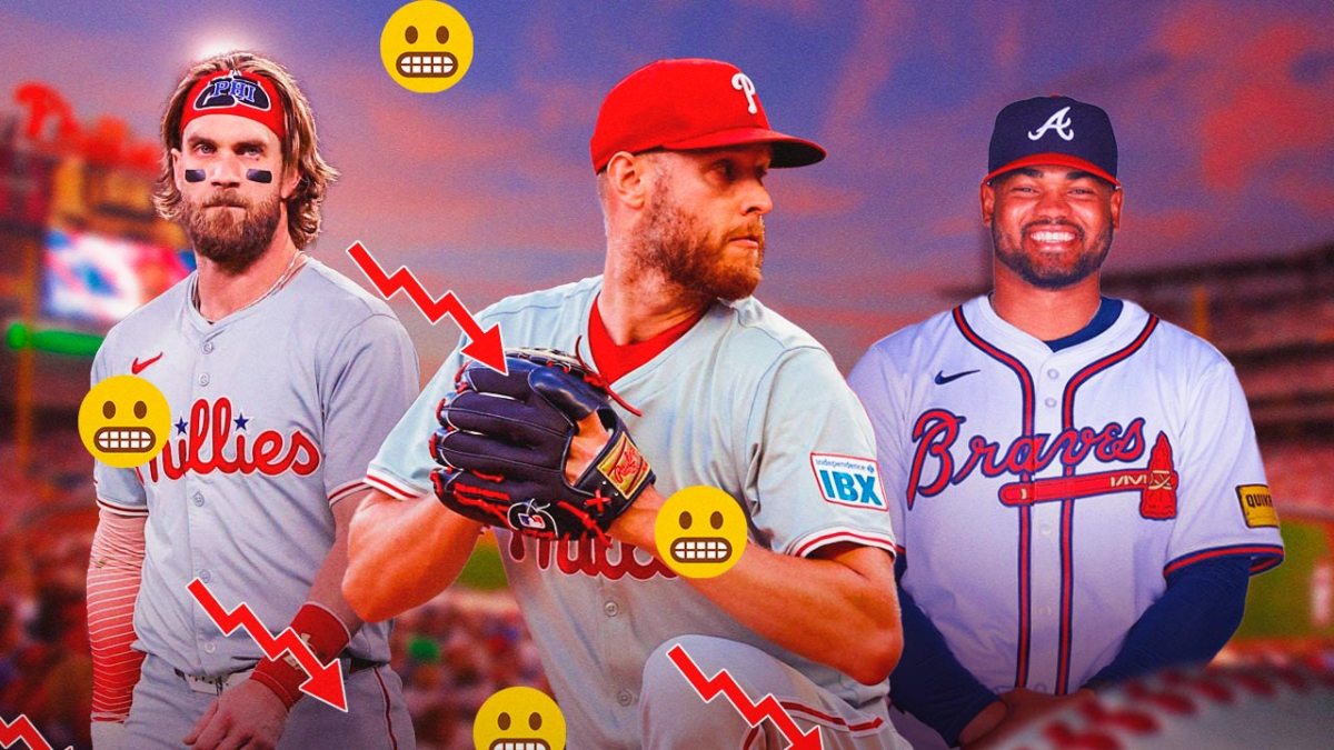 Phillies' Bryce Harper and Zack Wheeler looking frustrated, with grimace emojis and stock down symbols all over them, with Braves' Reynaldo Lopez smiling