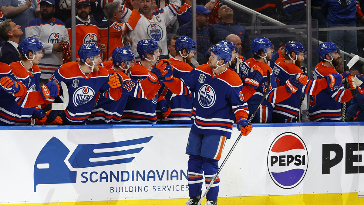 Edmonton Oilers defenseman Philip Broberg (86) celebrates goal in the third period against the Florida Panthers in game three of the 2024 Stanley Cup Final at Rogers Place.