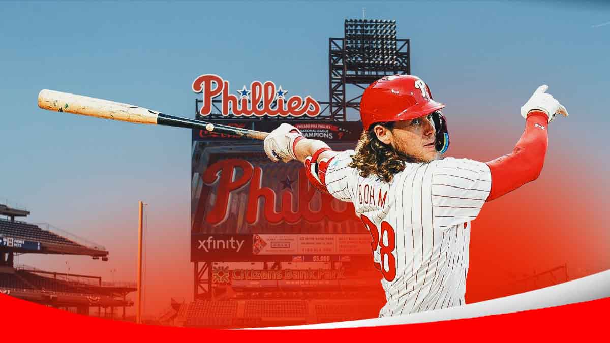 Alec Bohm batting in a Philadelphia Phillies uniform as Bohm left the game with a hand injury, yet another of phillies injuries as the team attempts to make the playoffs.