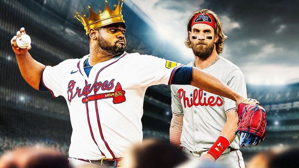 Braves Reynaldo Lopez with Phillies Bryce Harper and Rob Thomson
